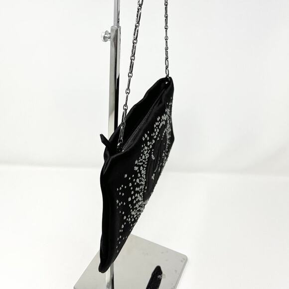 Chanel Satin Crystal Camellia Evening Bag Black Rare Chain Strap Clutch - Picture 7 of 13